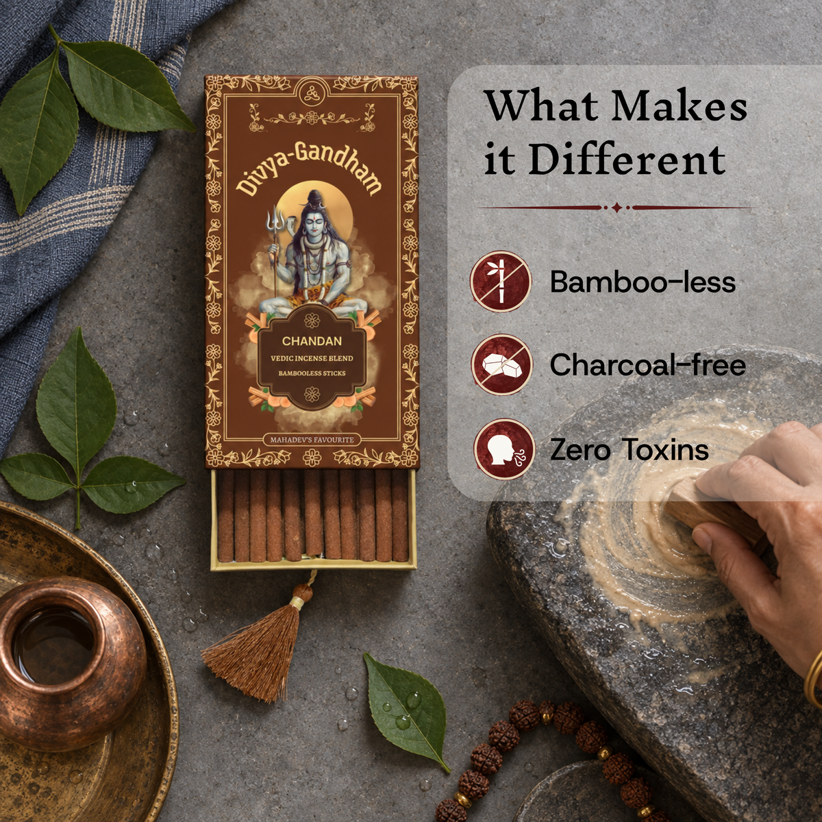 Open Divyagandham Chandan incense sticks box emphasizing its bamboo-less, charcoal-free, and zero toxins qualities, as a hand grinds sandalwood paste on a stone in the background.
