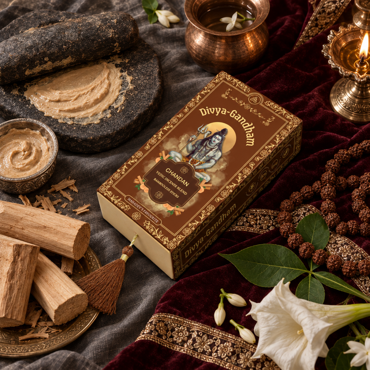 Overhead view of the Divyagandham Chandan bambooless incense sticks box featuring Lord Shiva, surrounded by sandalwood logs, sandalwood paste, a rudraksha mala, and a lit brass diya on a red velvet cloth.