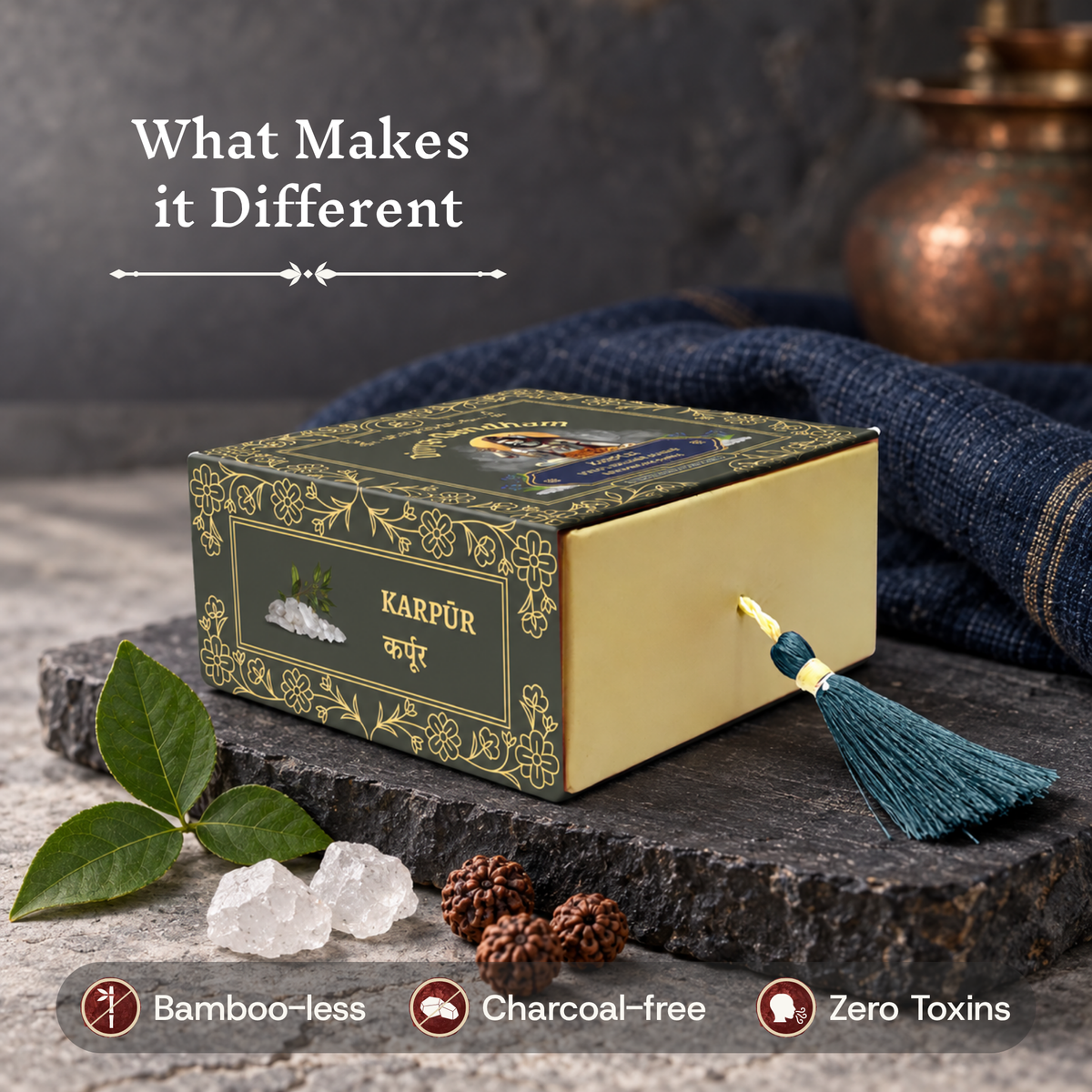Open Divyagandham Karpur incense cones box emphasizing its bamboo-less, charcoal-free, and zero toxins qualities, set near bel leaves, camphor crystals, and rudraksha beads.