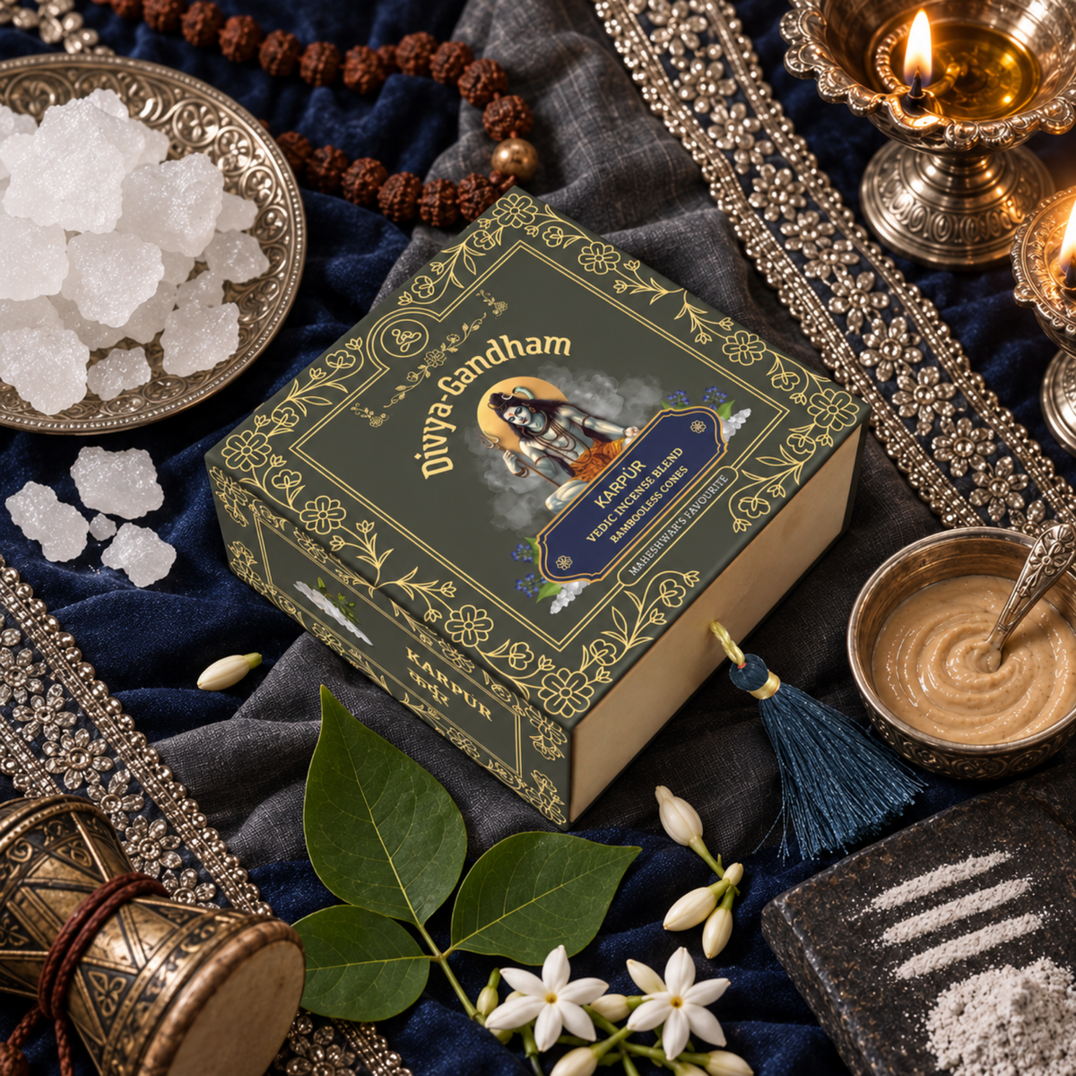 Overhead view of the Divyagandham Karpur bambooless incense cones box featuring Lord Shiva, surrounded by camphor crystals, a rudraksha mala, sandalwood paste, and a lit brass diya on a blue cloth.