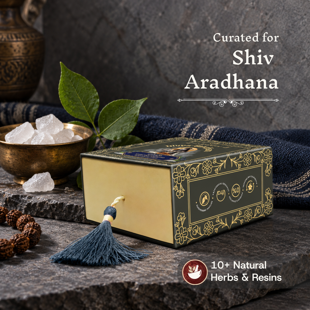 Divyagandham Karpur incense cones box curated for Shiv Aradhana containing 10+ natural herbs and resins, positioned near a brass bowl of camphor crystals, a rudraksha mala, and a bel leaf.