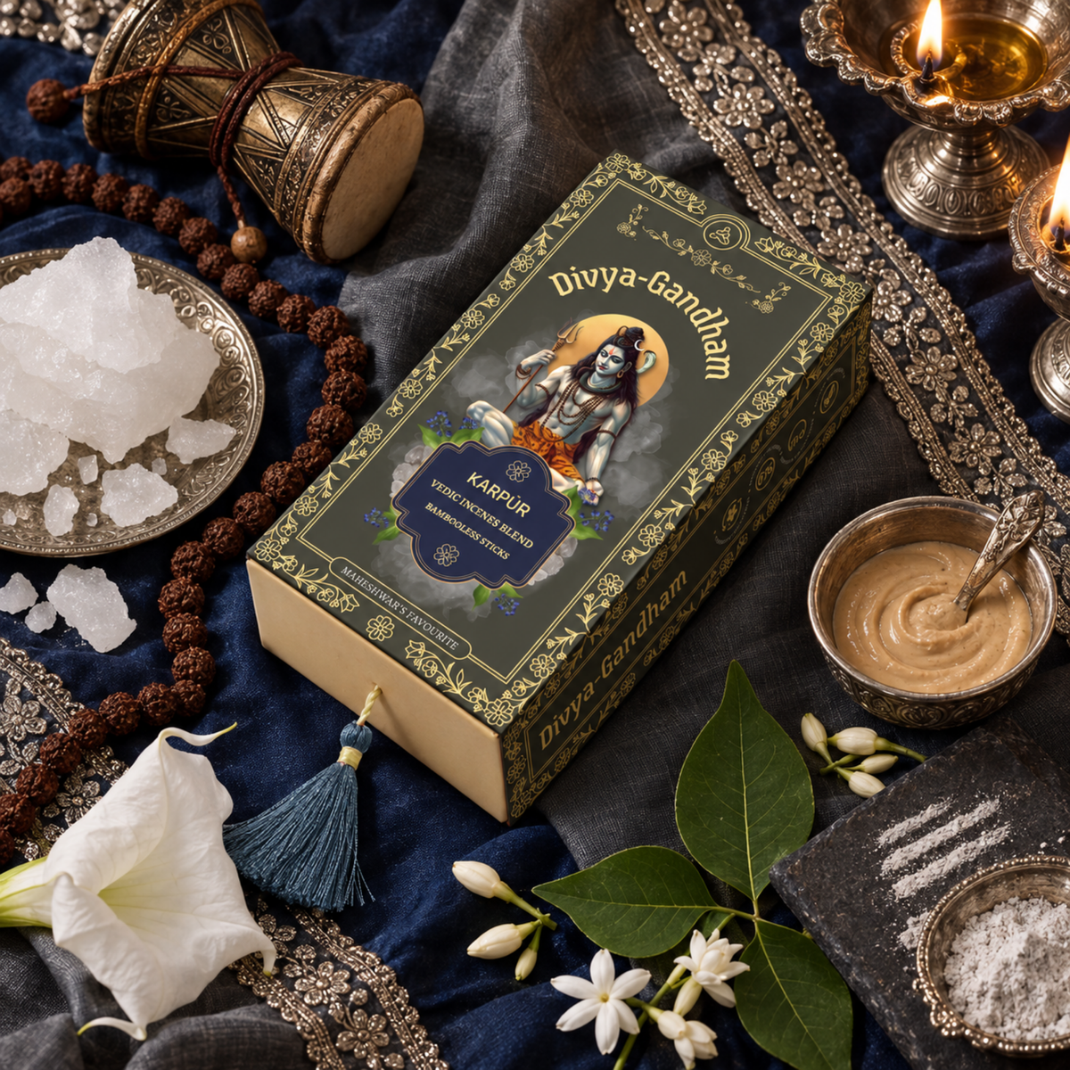 Overhead view of the Divyagandham Karpur bambooless incense sticks box featuring Lord Shiva, surrounded by camphor crystals, rudraksha beads, sandalwood paste, and a lit brass diya on a blue cloth.