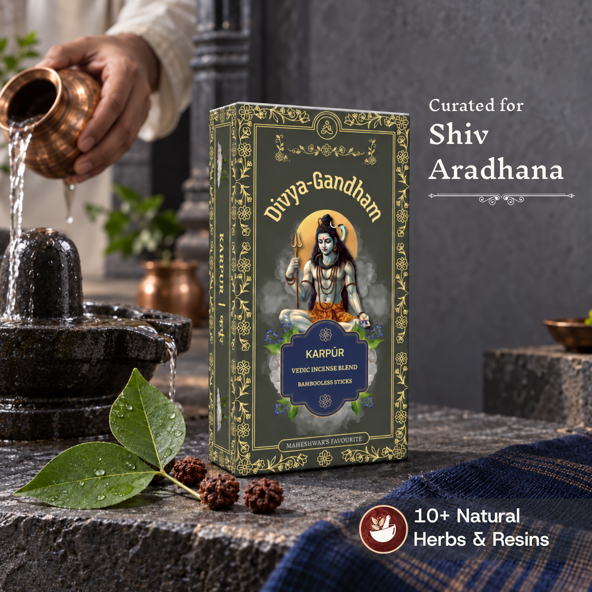 Divyagandham Karpur incense sticks box curated for Shiv Aradhana containing 10+ natural herbs and resins, shown as someone performs Jalabhishek on a Shivling in the background.