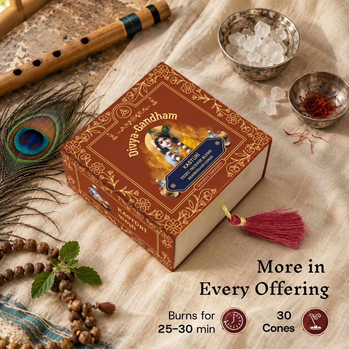 Divyagandham Kasturi incense cones box detailing a 30-cone count and a 25 to 30-minute burn time alongside a tulsi mala, flute, rock sugar, and a peacock feather.