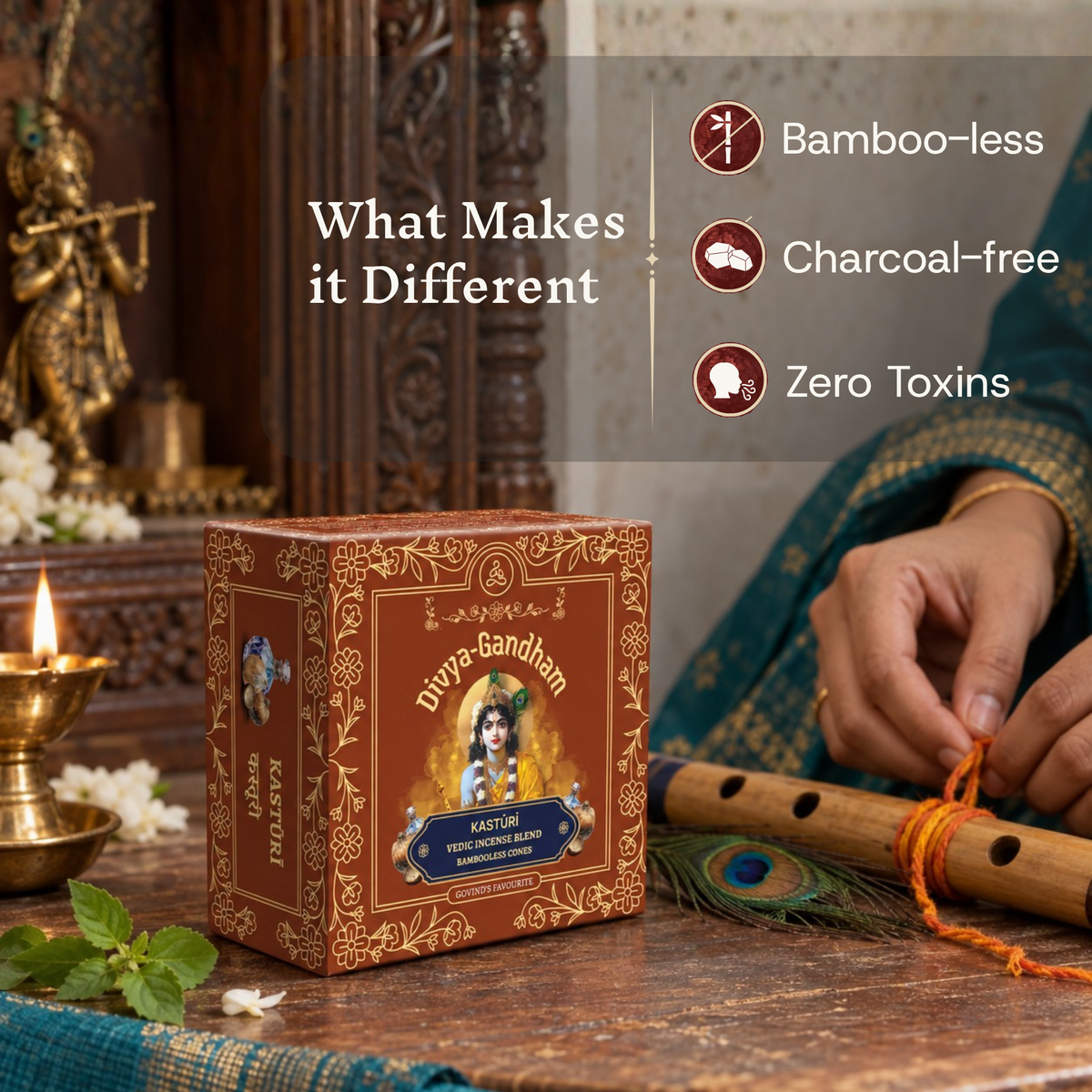 Divyagandham Kasturi incense cones box emphasizing its bamboo-less, charcoal-free, and zero toxins qualities, with a person tying a thread around a flute in the background.