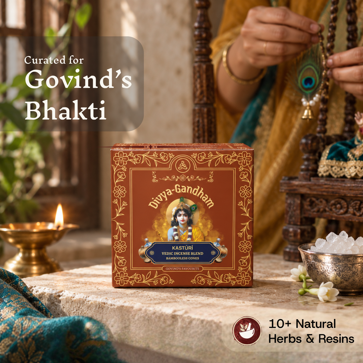 Divyagandham Kasturi incense cones box curated for Govind's Bhakti containing 10+ natural herbs and resins, shown near a Krishna idol and a person holding a japamala.