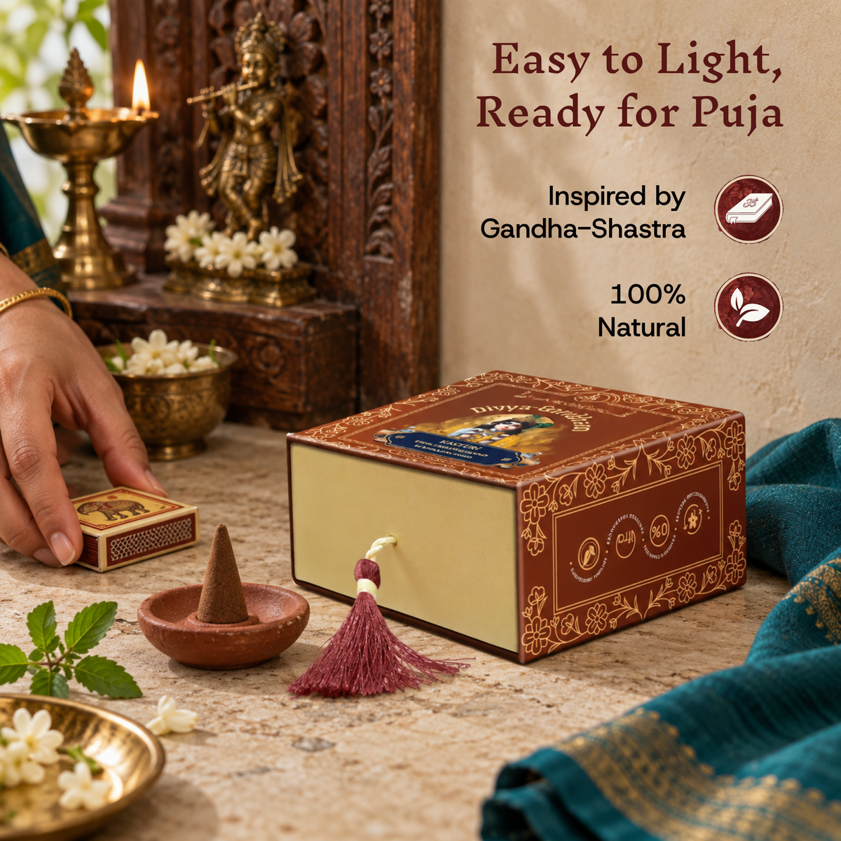 Divyagandham Kasturi incense cones box highlighting it is easy to light, 100% natural, and inspired by Gandha-Shastra, placed next to an unlit cone and a matchbox.