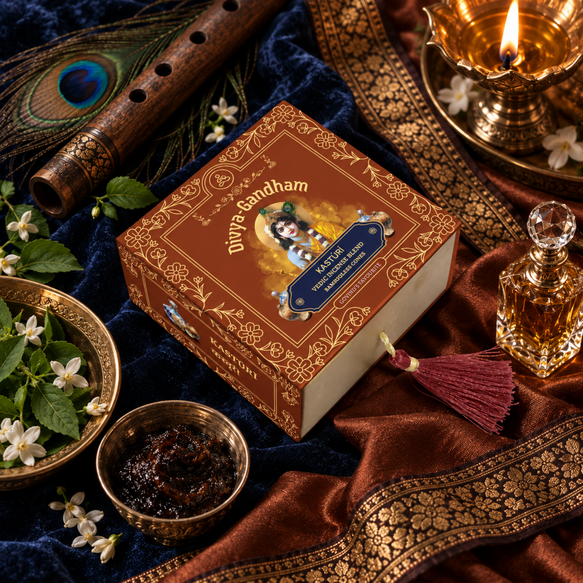 Overhead view of the Divyagandham Kasturi bambooless incense cones box featuring Lord Krishna, surrounded by a flute, peacock feather, and a lit brass diya on a blue velvet cloth.