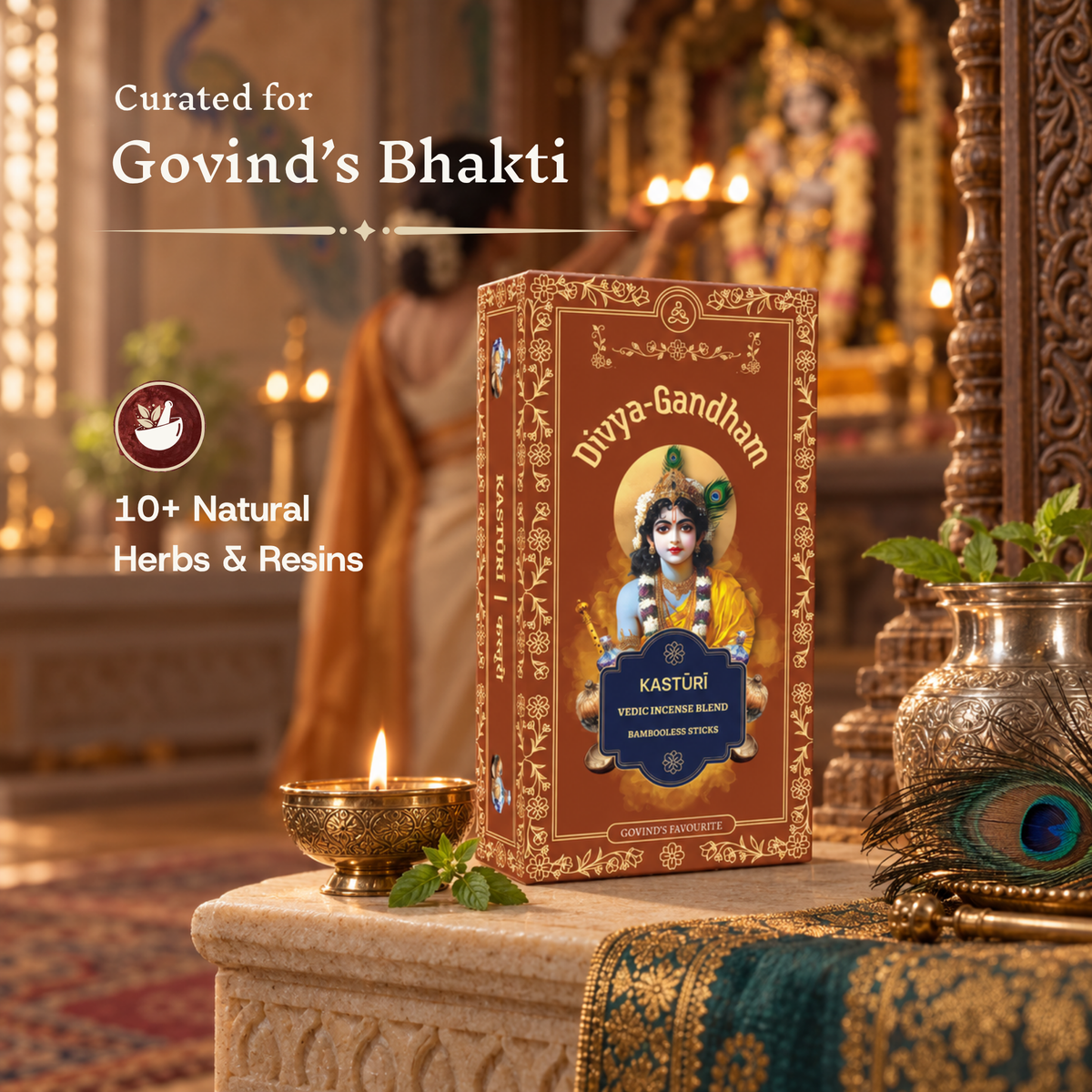 Divyagandham Kasturi incense sticks box curated for Govind's Bhakti containing 10+ natural herbs and resins, set in a temple space with a lit diya and tulsi leaves.