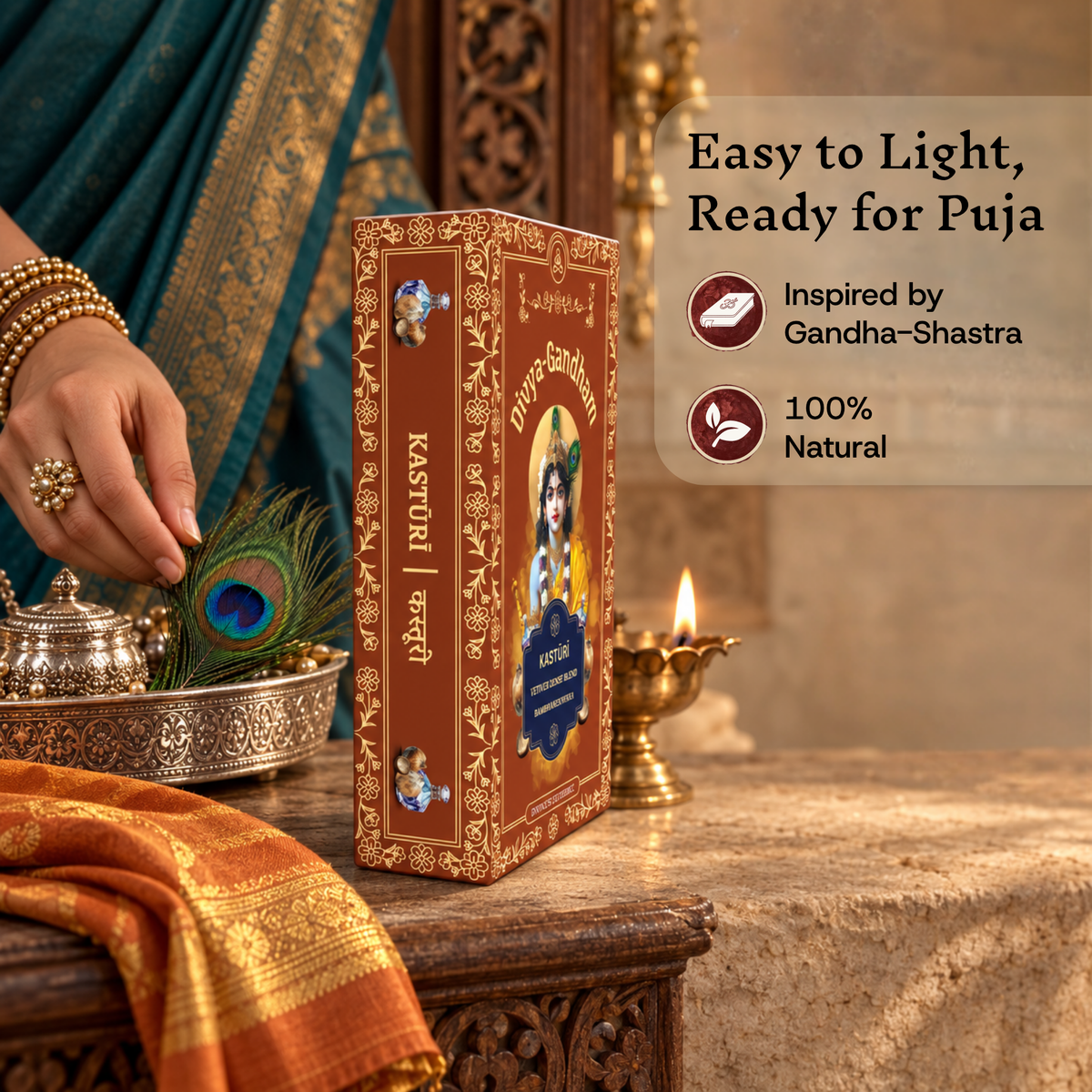 Divyagandham Kasturi incense box highlighting it is easy to light, 100% natural, and inspired by Gandha-Shastra, as a hand adjusts a peacock feather in a silver bowl.