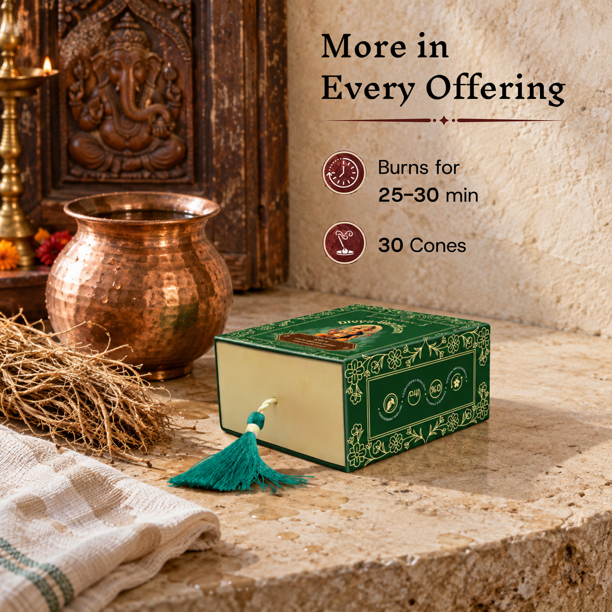 Divyagandham Khus incense cones box detailing a 30-cone count and a 25 to 30-minute burn time, set near a copper kalash and a carved wooden Ganesh panel.