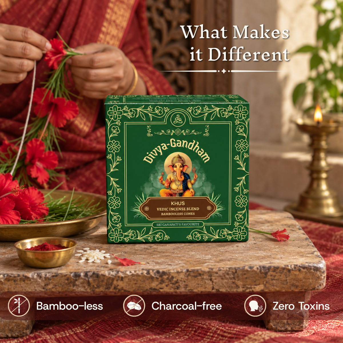 Divyagandham Khus incense cones box highlighting its bamboo-less, charcoal-free, and zero toxins features, with someone stringing a hibiscus garland in the background.
