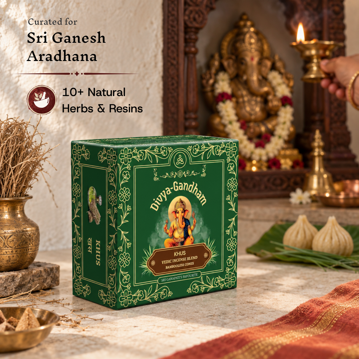 Divyagandham Khus incense cones box curated for Sri Ganesh Aradhana, featuring 10+ natural herbs and resins, displayed in front of a Ganesh idol and lit diya.