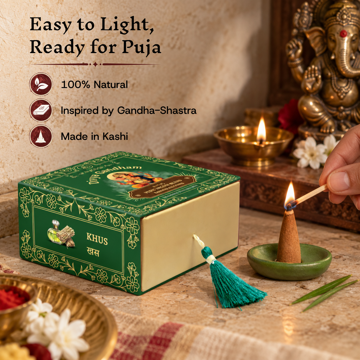 A hand lighting a Divyagandham Khus incense cone, with text noting it is easy to light, 100% natural, inspired by Gandha-Shastra, and made in Kashi.