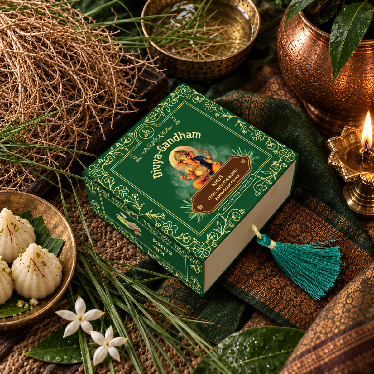 Overhead view of the green Divyagandham Khus bambooless incense cones box surrounded by modaks, vetiver roots, white flowers, and a lit brass diya on a green patterned cloth.