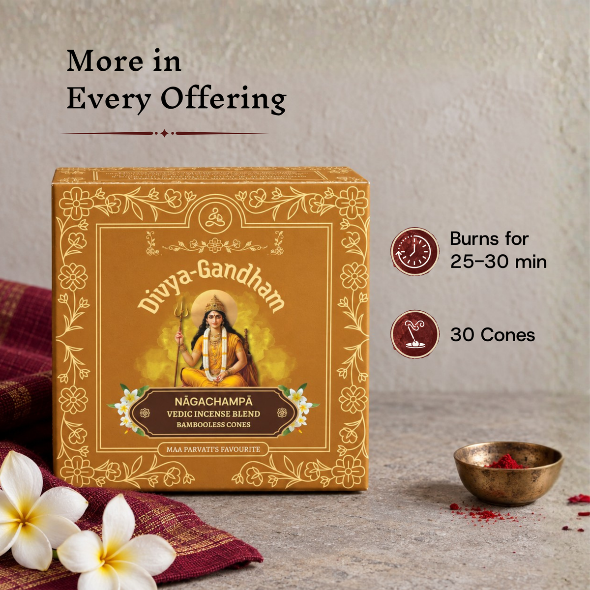 Divyagandham Nagachampa incense cones box displaying a 30-cone count and a 25 to 30-minute burn time next to a small bowl of kumkum.