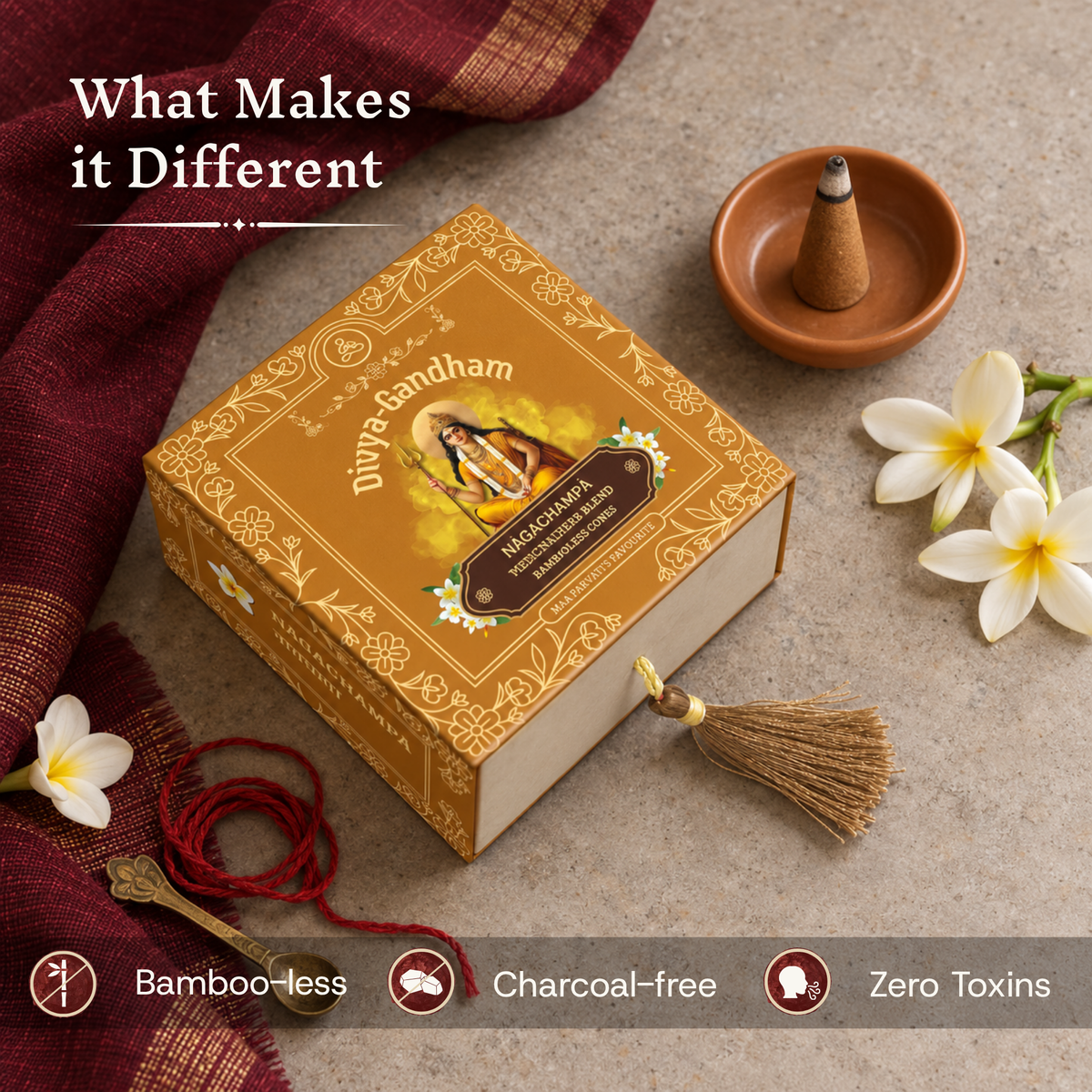 Divyagandham Nagachampa incense cones box emphasizing its bamboo-less, charcoal-free, and zero toxins qualities, with a lit cone nearby.