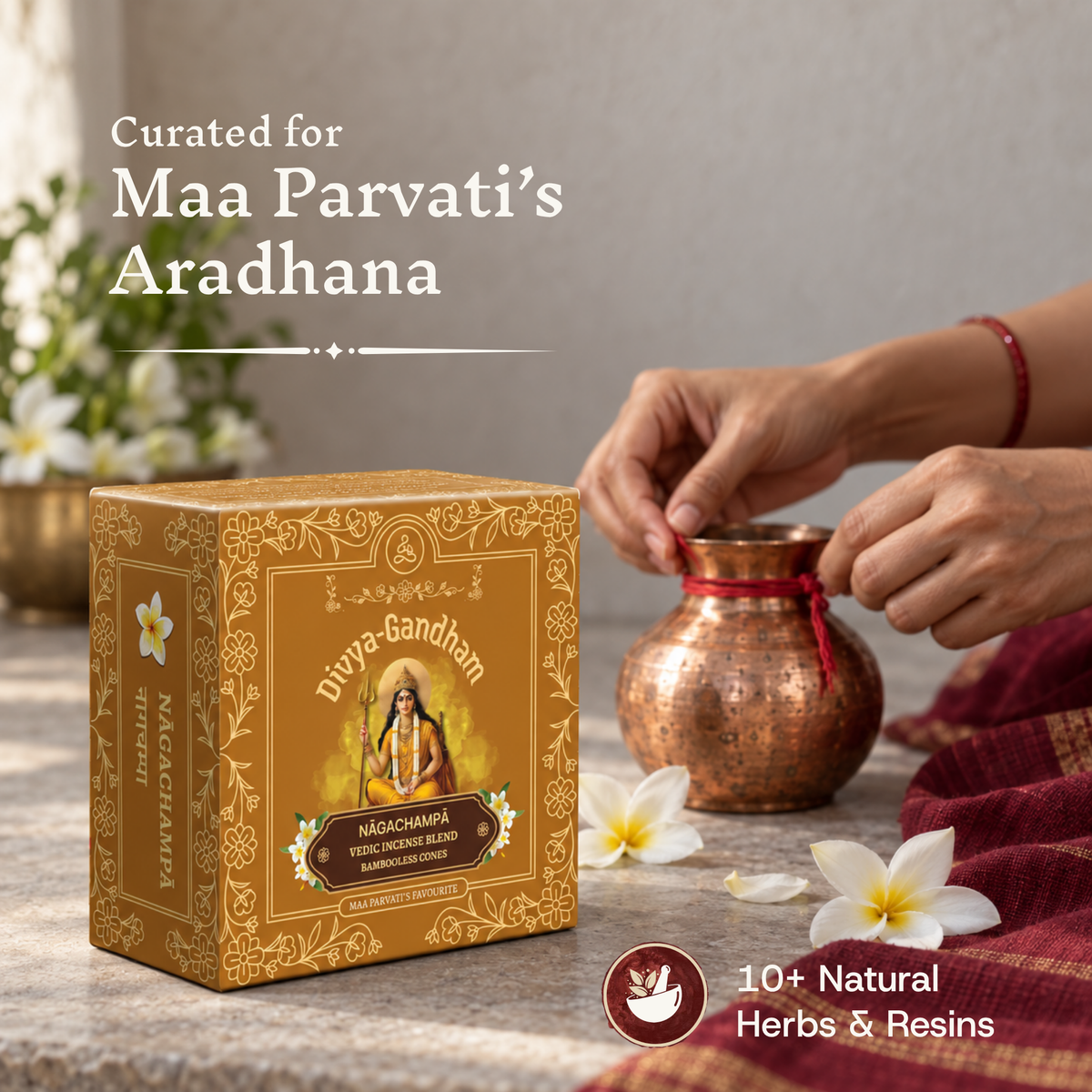 Divyagandham Nagachampa incense cones curated for Maa Parvati's Aradhana containing 10+ natural herbs and resins, shown as someone ties a kalash string.