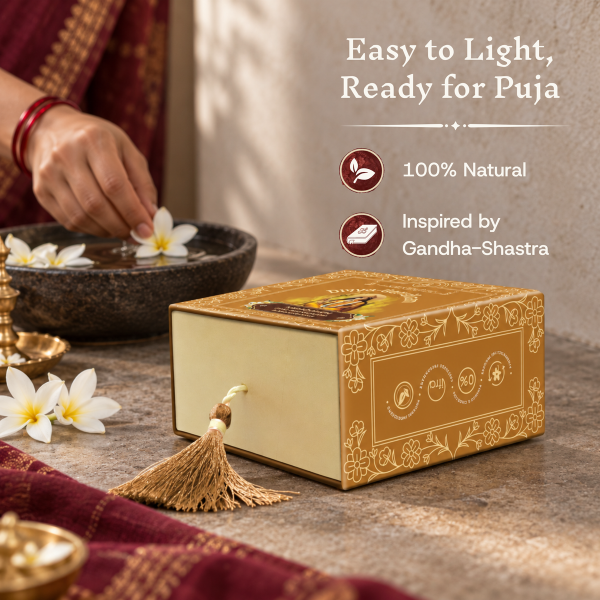 Bottom view of the Divyagandham Nagachampa box highlighting it is easy to light, 100% natural, inspired by Gandha-Shastra, and made in Kashi.