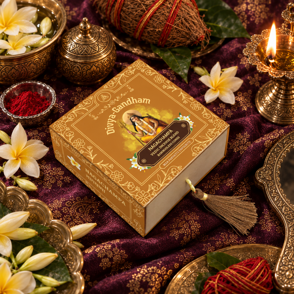 Overhead view of the Divyagandham Nagachampa bambooless incense cones box featuring Maa Parvati, surrounded by kumkum, plumeria flowers, and a lit diya.