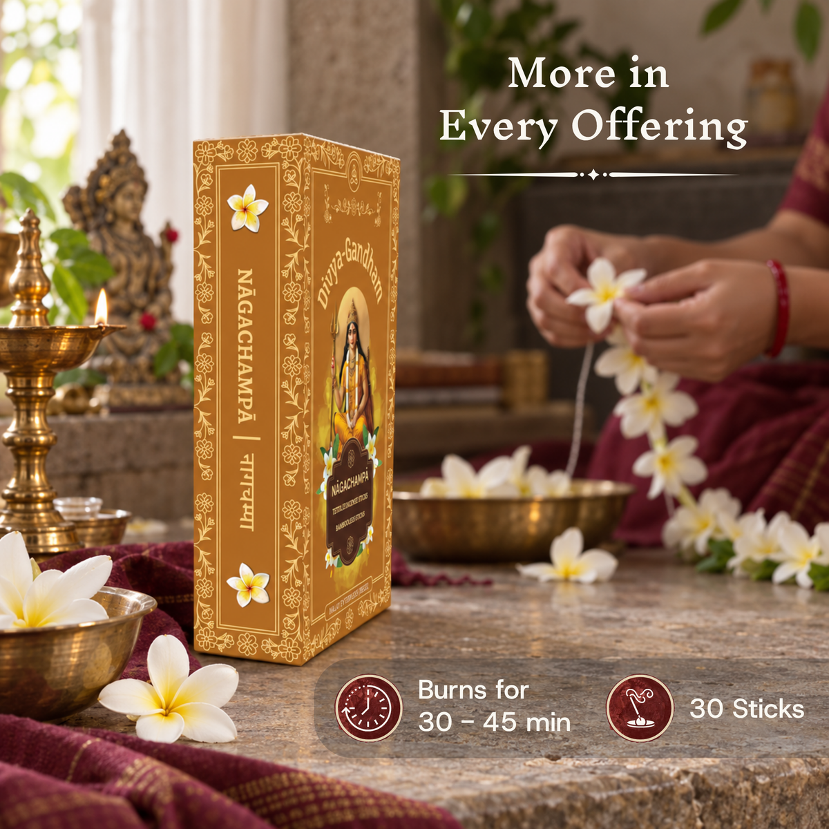 Divyagandham Nagachampa incense sticks box noting a 30-stick count and 30 to 45-minute burn time, with a person making a floral garland in the background.
