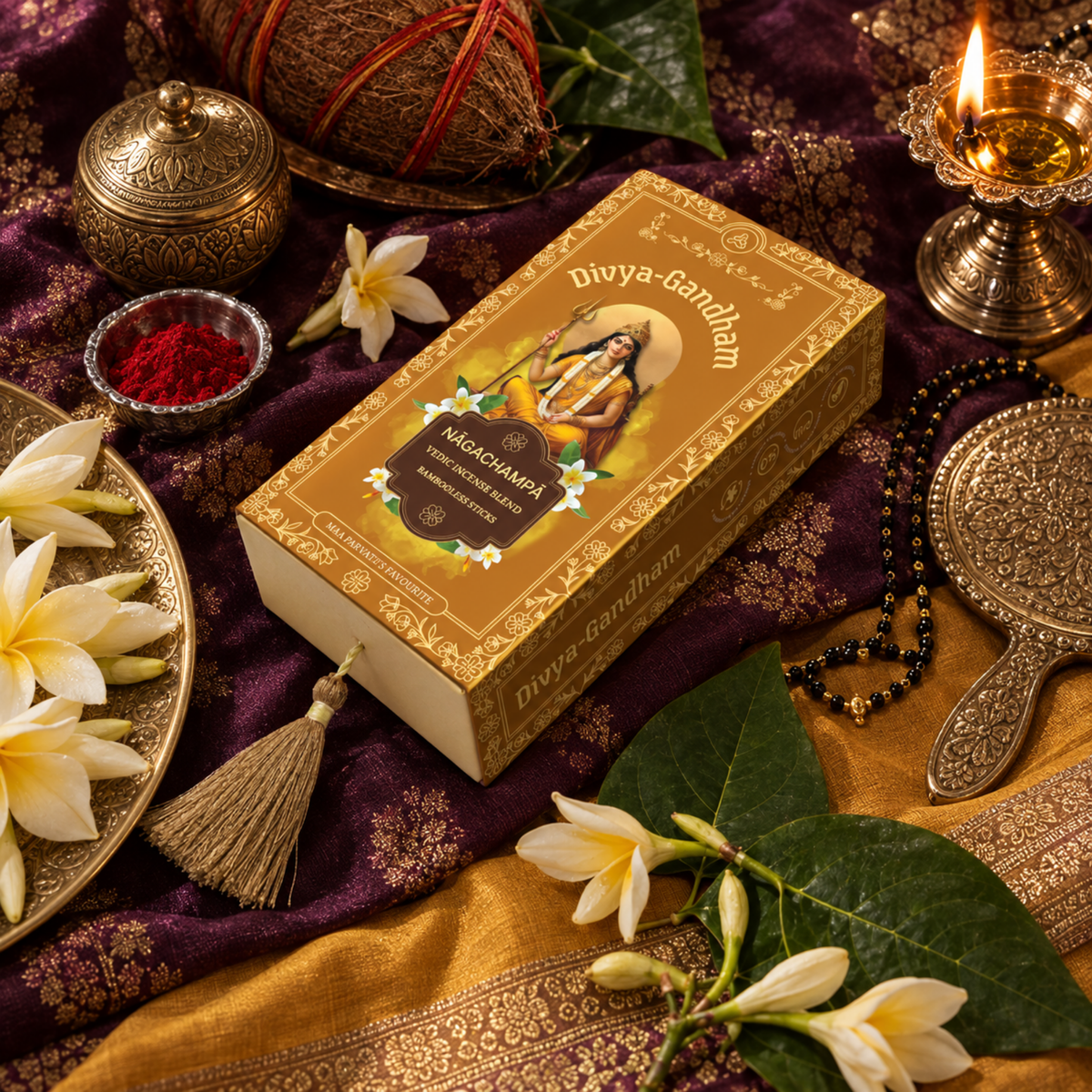 Overhead view of the Divyagandham Nagachampa bambooless incense sticks box featuring Maa Parvati, surrounded by white plumeria flowers, a lit diya, and kumkum on a dark red cloth.
