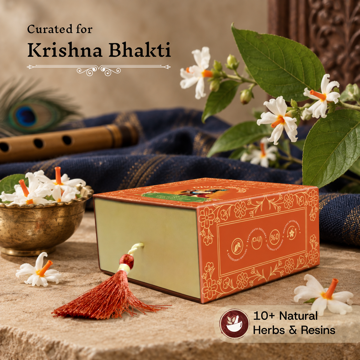 Divyagandham Parijat incense cones box curated for Krishna Bhakti containing 10+ natural herbs and resins, set on a textured surface beside parijat flowers and a wooden flute.