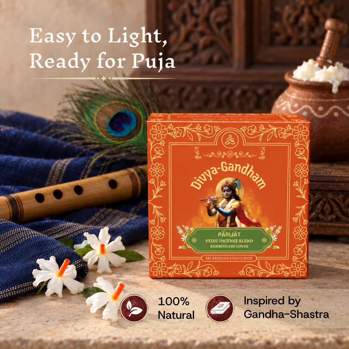 Divyagandham Parijat incense cones box highlighting it is easy to light, 100% natural, and inspired by Gandha-Shastra, accompanied by a pot of fresh butter, a flute, and a peacock feather.