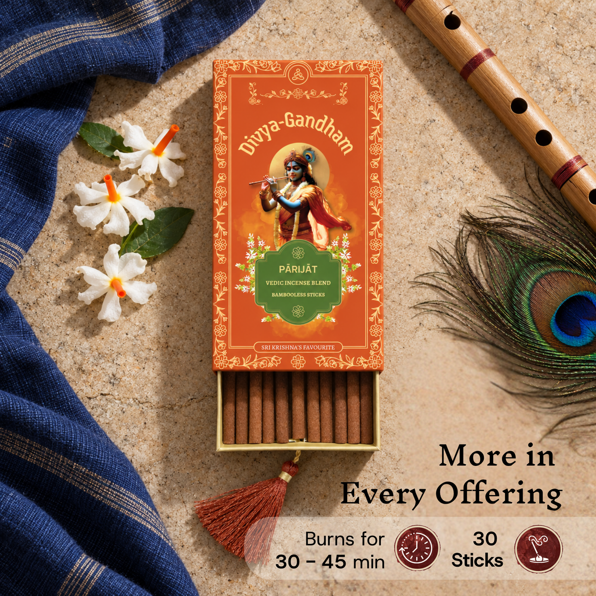 Open Divyagandham Parijat incense sticks box displaying a 30-stick count and a 30 to 45-minute burn time alongside a wooden flute, peacock feather, and fresh parijat blossoms.
