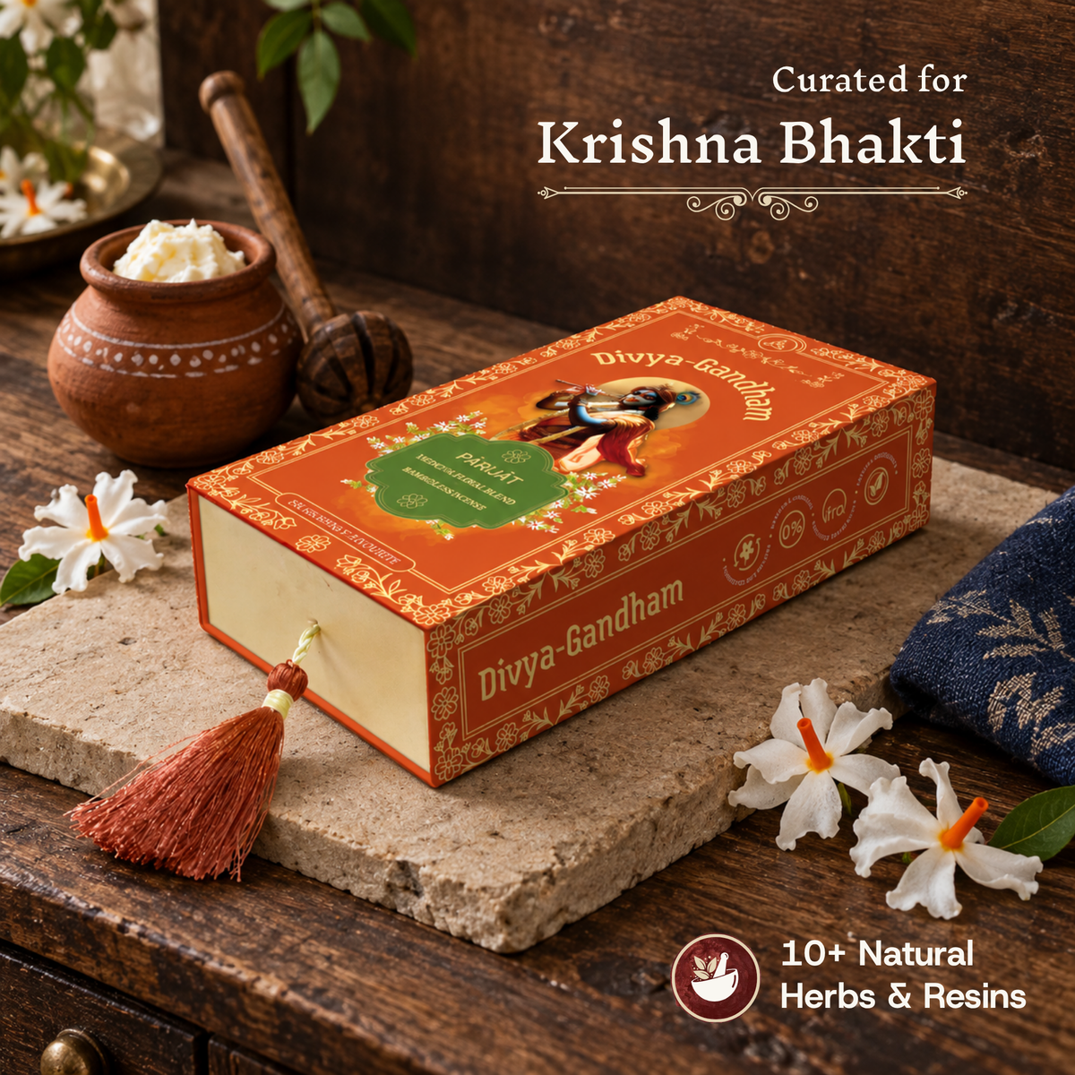 Divyagandham Parijat incense sticks box curated for Krishna Bhakti containing 10+ natural herbs and resins, positioned next to a traditional wooden churner and a pot of fresh butter.