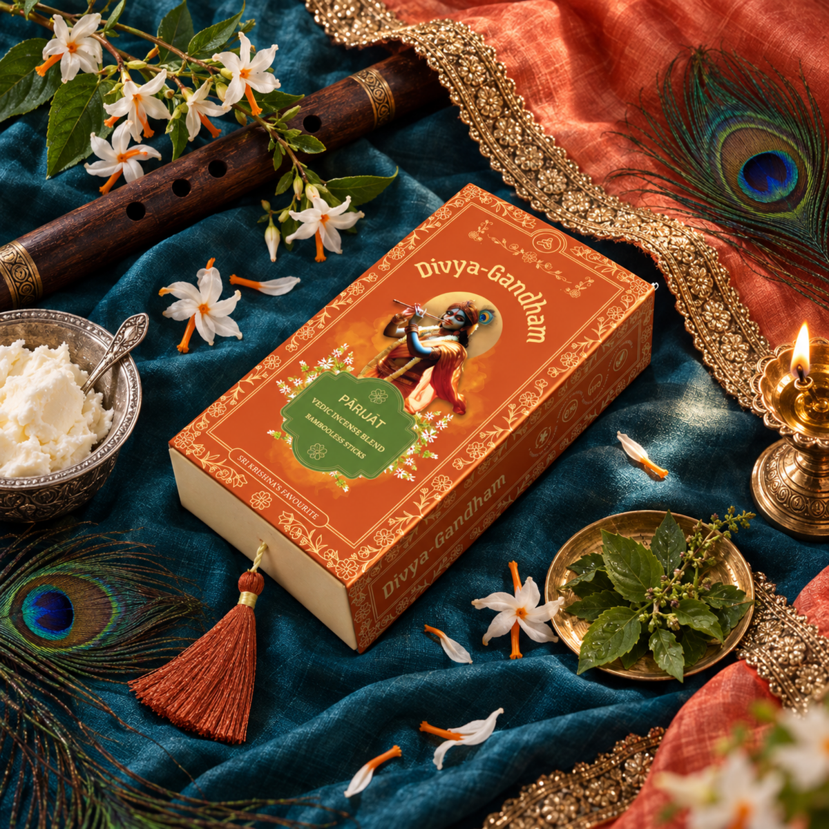 Overhead view of the Divyagandham Parijat bambooless incense sticks box featuring Lord Krishna, surrounded by parijat flowers, a wooden flute, peacock feathers, and fresh butter on a blue cloth.