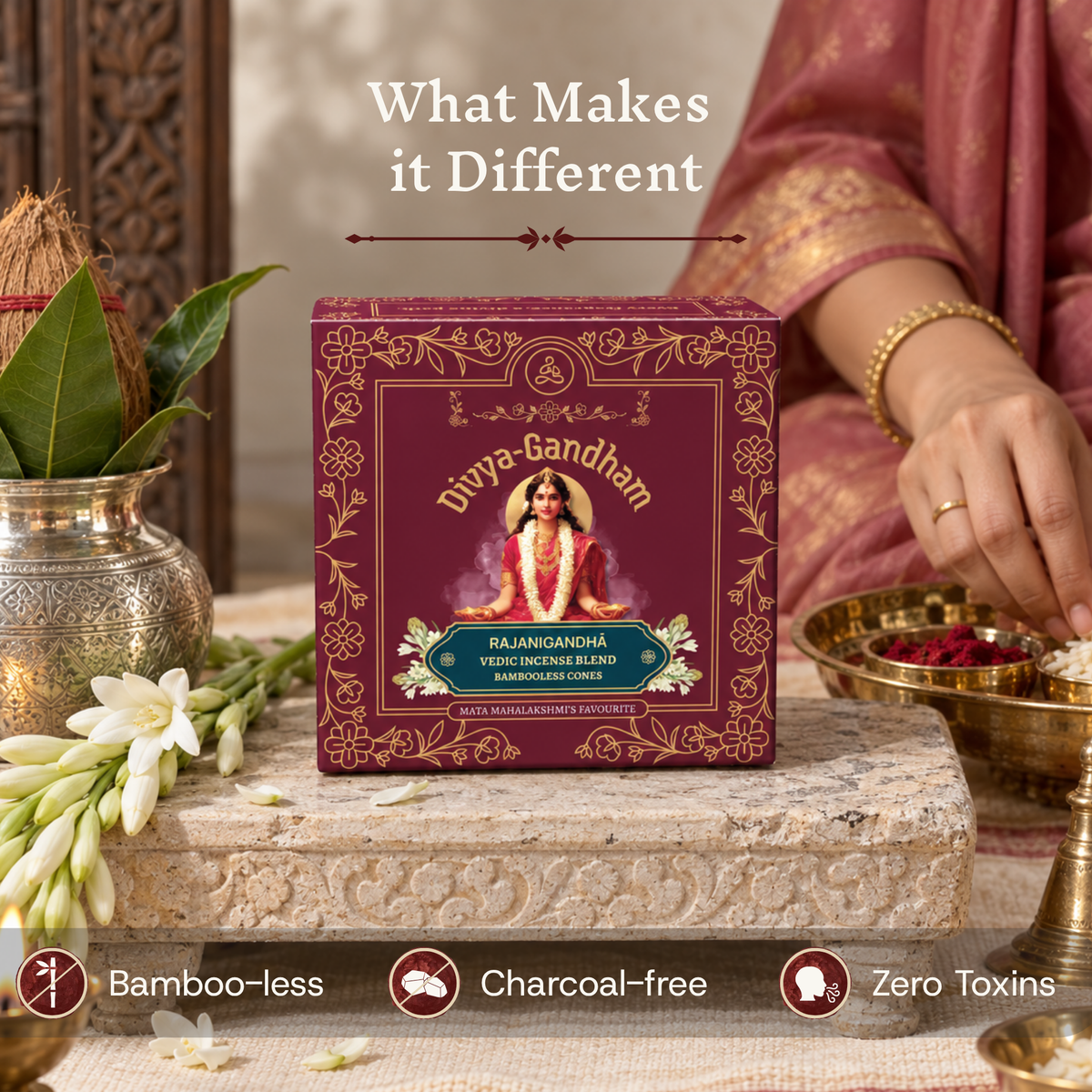 Divyagandham Rajanigandha incense cones box emphasizing its bamboo-less, charcoal-free, and zero toxins qualities, set on a stone slab near tuberose flowers, kumkum, and a coconut kalash.
