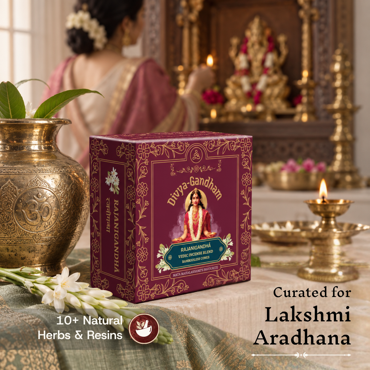 Divyagandham Rajanigandha incense cones box curated for Lakshmi Aradhana containing 10+ natural herbs and resins, positioned near a copper kalash and tuberose with a Lakshmi idol in the background.
