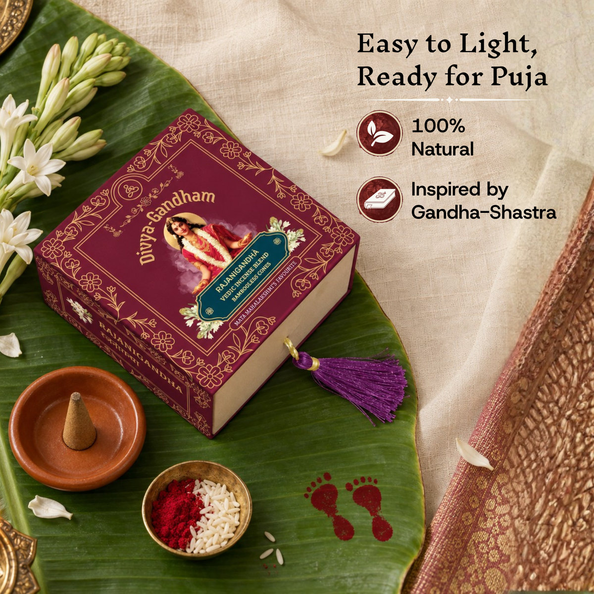 Divyagandham Rajanigandha incense cones box highlighting it is easy to light, 100% natural, and inspired by Gandha-Shastra, placed on a banana leaf alongside kumkum footprints, rice, and a lit cone.