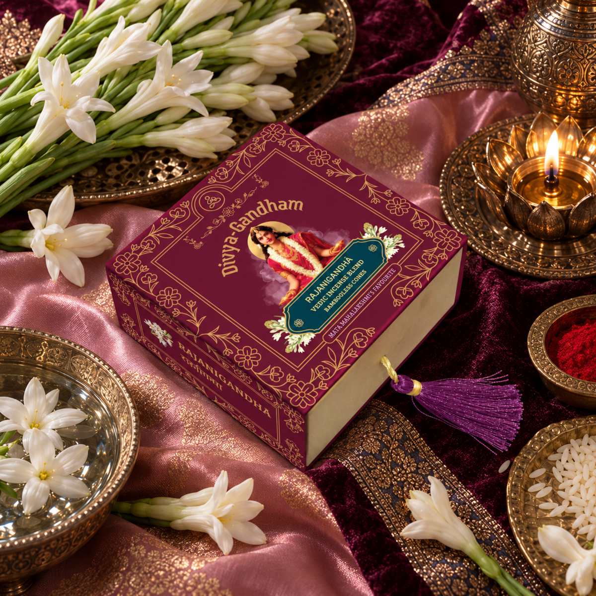 Overhead view of the Divyagandham Rajanigandha bambooless incense cones box featuring Mata Mahalakshmi, surrounded by tuberose flowers, kumkum, rice, and lit brass diyas on a purple cloth.