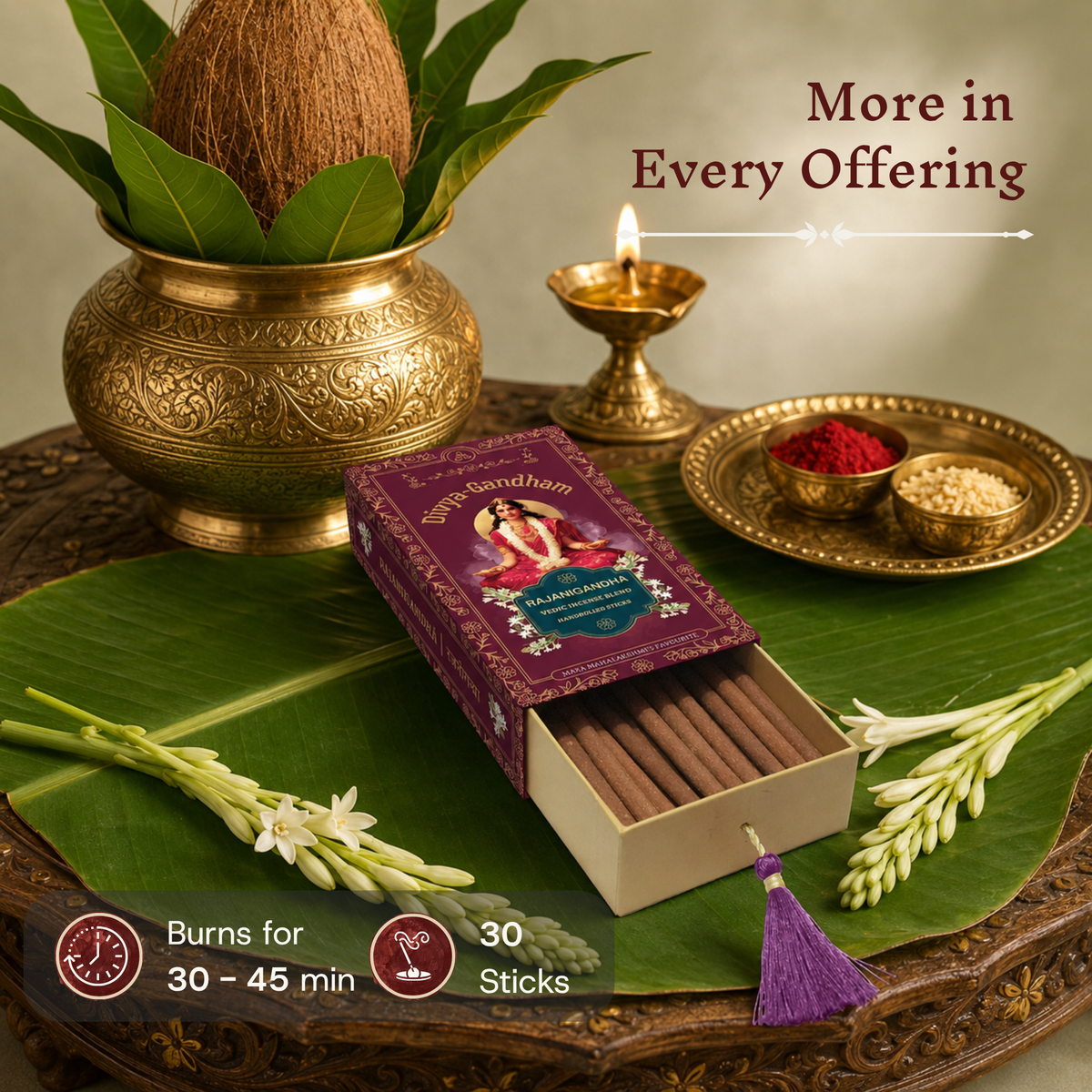 Open Divyagandham Rajanigandha incense sticks box detailing a 30-stick count and a 30 to 45-minute burn time alongside a Purna Kalasha, lit diya, kumkum, and tuberose on a banana leaf.