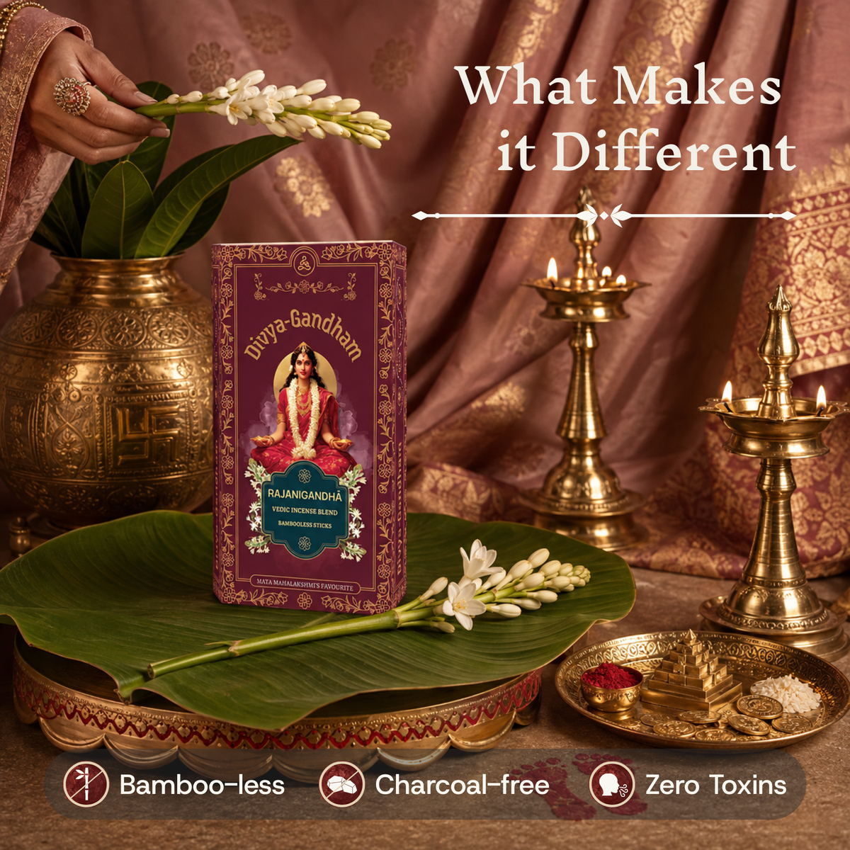 Upright Divyagandham Rajanigandha incense sticks box emphasizing its bamboo-less, charcoal-free, and zero toxins qualities, set on a brass plate with a banana leaf, tuberose, and coins.