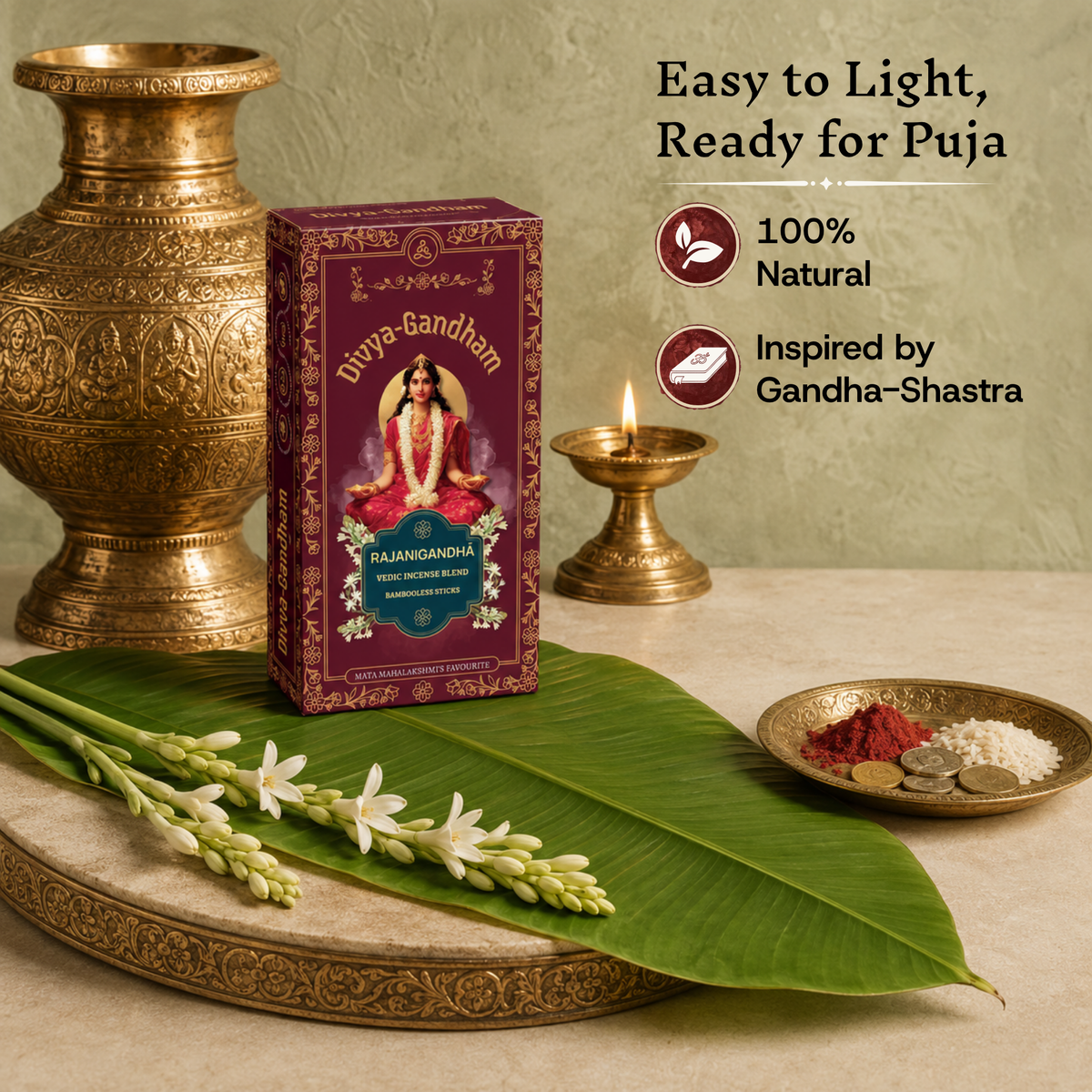 Upright Divyagandham Rajanigandha incense box highlighting it is easy to light, 100% natural, and inspired by Gandha-Shastra, placed on a banana leaf alongside kumkum, rice, and a lit diya.