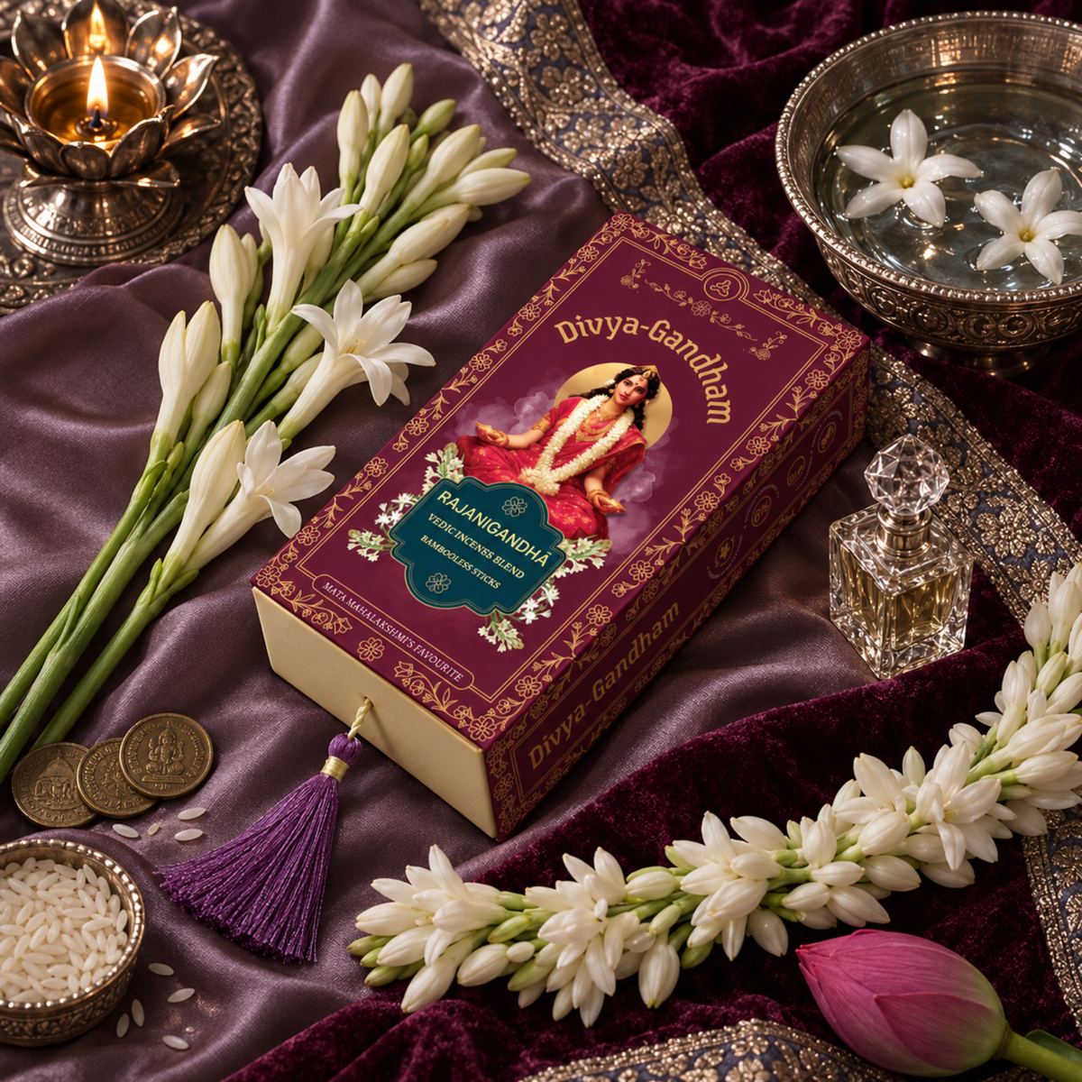 Overhead view of the Divyagandham Rajanigandha bambooless incense sticks box featuring Mata Mahalakshmi, surrounded by tuberose flowers, rice, coins, a brass diya, and a lotus on a purple cloth.