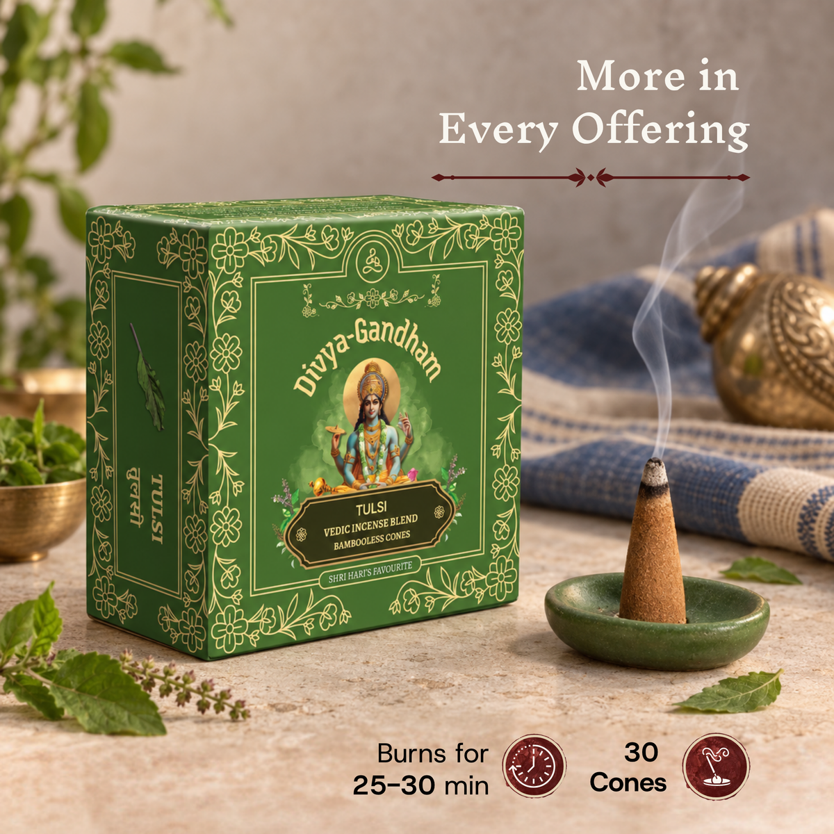 Lit Divyagandham Tulsi incense cone next to the product box detailing a 30-cone count and a 25 to 30-minute burn time alongside fresh tulsi leaves.