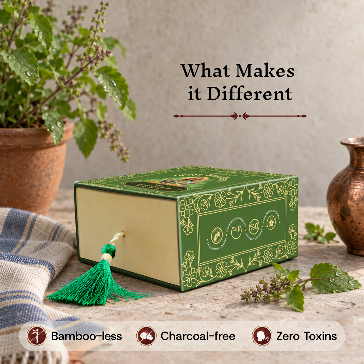 Divyagandham Tulsi incense cones box emphasizing its bamboo-less, charcoal-free, and zero toxins qualities, set near a potted tulsi plant and a copper kalash.