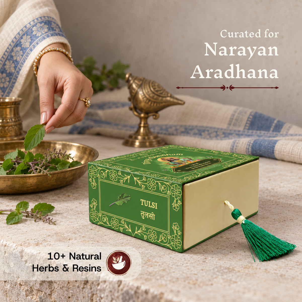 Divyagandham Tulsi incense cones box curated for Narayan Aradhana containing 10+ natural herbs and resins, shown as a hand offers a tulsi leaf into a brass bowl.