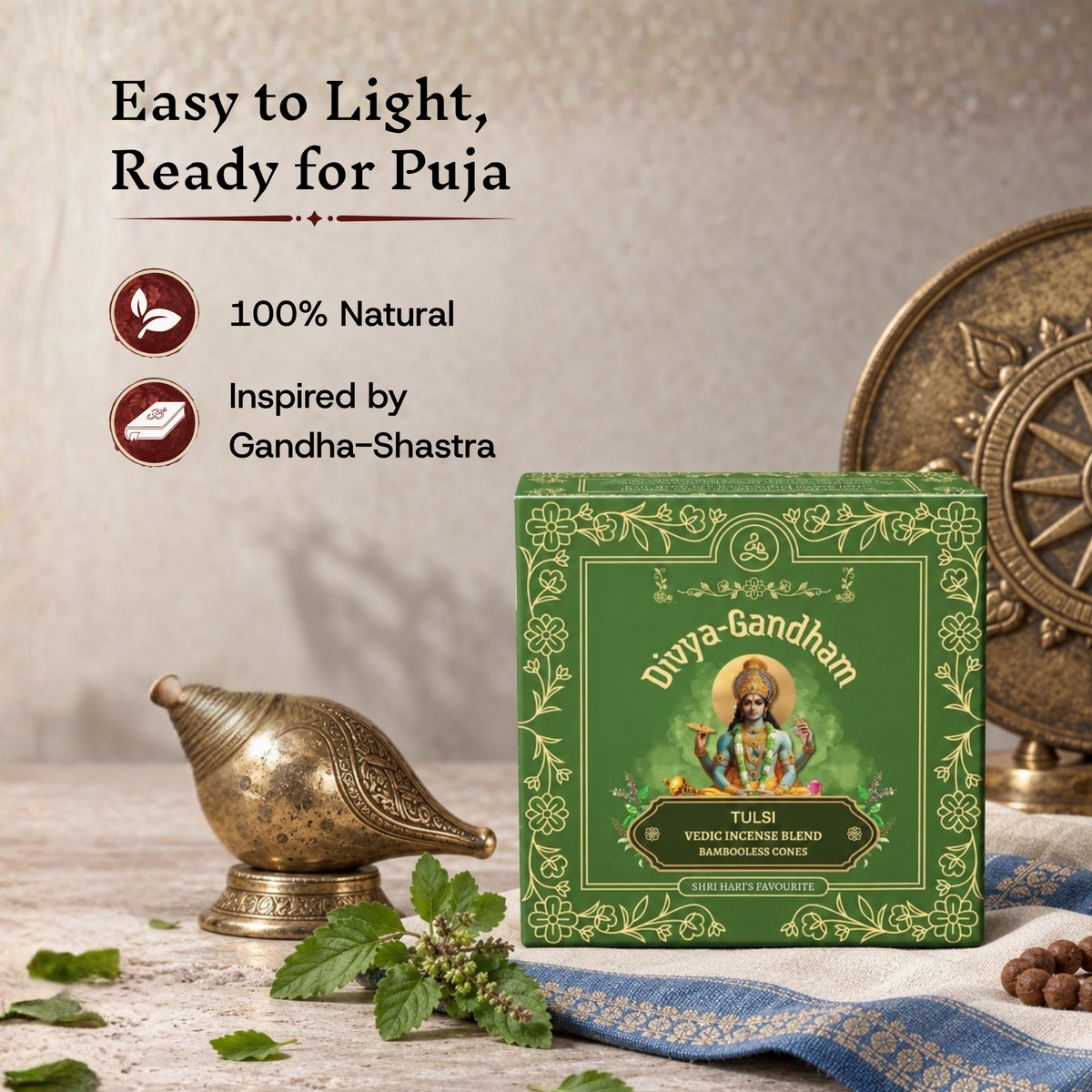Upright Divyagandham Tulsi incense cones box highlighting it is easy to light, 100% natural, and inspired by Gandha-Shastra, accompanied by a brass conch shell and fresh tulsi leaves.