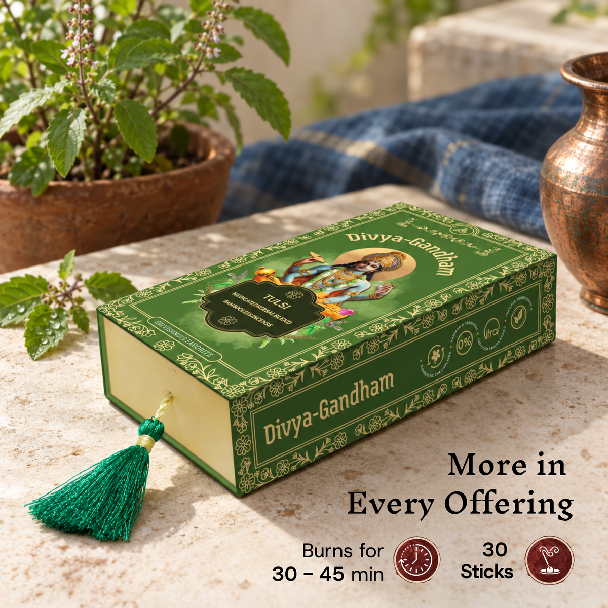 Divyagandham Tulsi incense sticks box detailing a 30-stick count and a 30 to 45-minute burn time near a potted tulsi plant and a copper kalash.