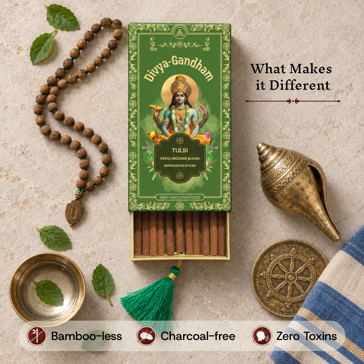Open Divyagandham Tulsi incense sticks box emphasizing its bamboo-less, charcoal-free, and zero toxins qualities, set near a tulsi mala and a conch shell.