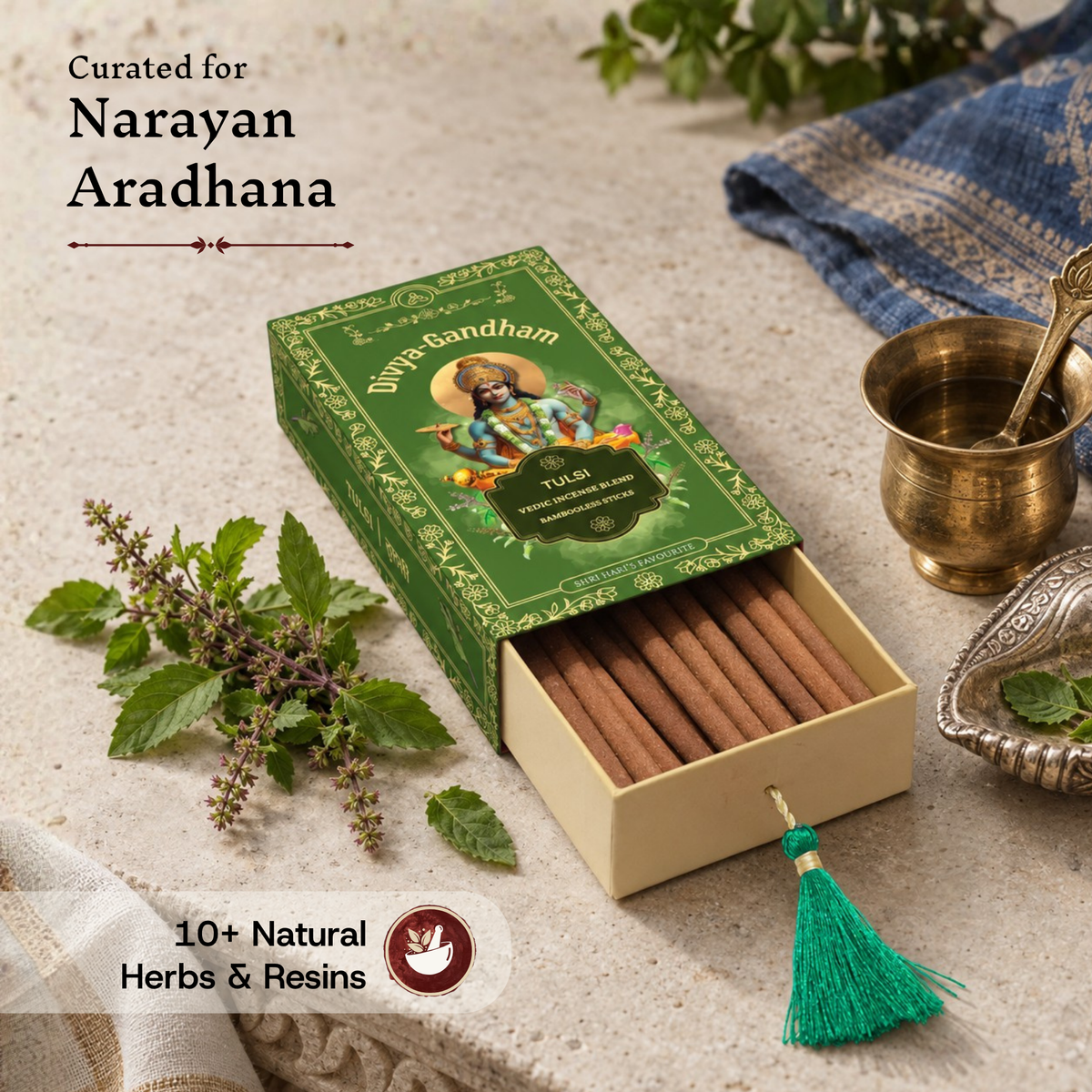 Divyagandham Tulsi incense sticks box curated for Narayan Aradhana containing 10+ natural herbs and resins, positioned near fresh tulsi branches and an offering bowl.