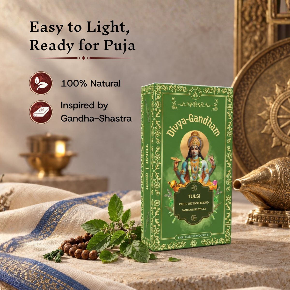 Upright Divyagandham Tulsi incense box highlighting it is easy to light, 100% natural, and inspired by Gandha-Shastra, accompanied by a tulsi mala and a golden conch.