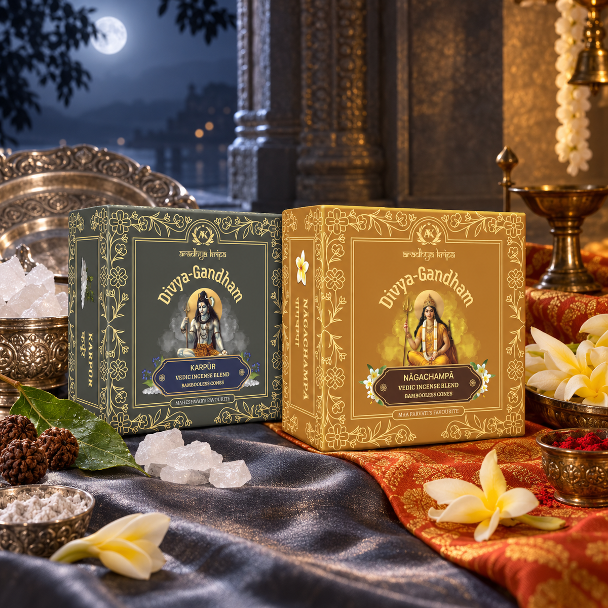Two boxed sets of Divyagandham bambooless dhoop cones featuring Karpur (Camphor) for Lord Shiva puja and Naga Champa for Maa Parvati (Devi) worship.