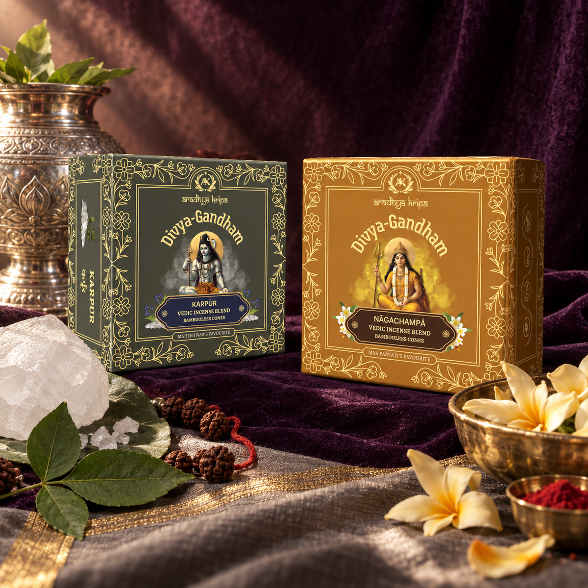 Two boxed sets of Divyagandham bambooless dhoop cones featuring Karpur (Camphor) for Lord Shiva puja and Naga Champa for Maa Parvati (Devi) worship, displayed.