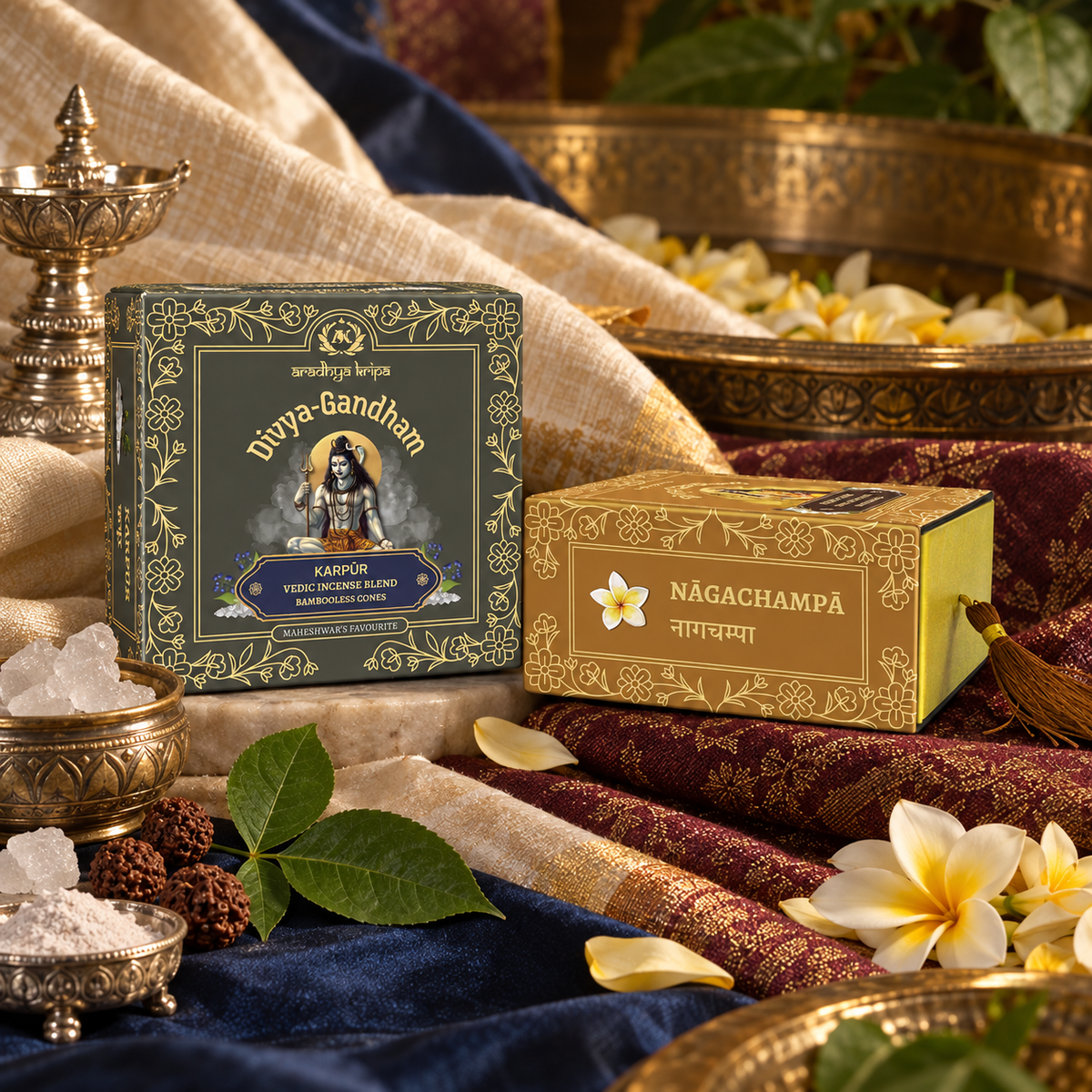 Two boxed sets of Divyagandham bambooless dhoop cones featuring Karpur (Camphor) for Lord Shiva puja and Naga Champa for Maa Parvati (Devi) worship, placed on draped fabric with flowers and metallic bowls around them. 